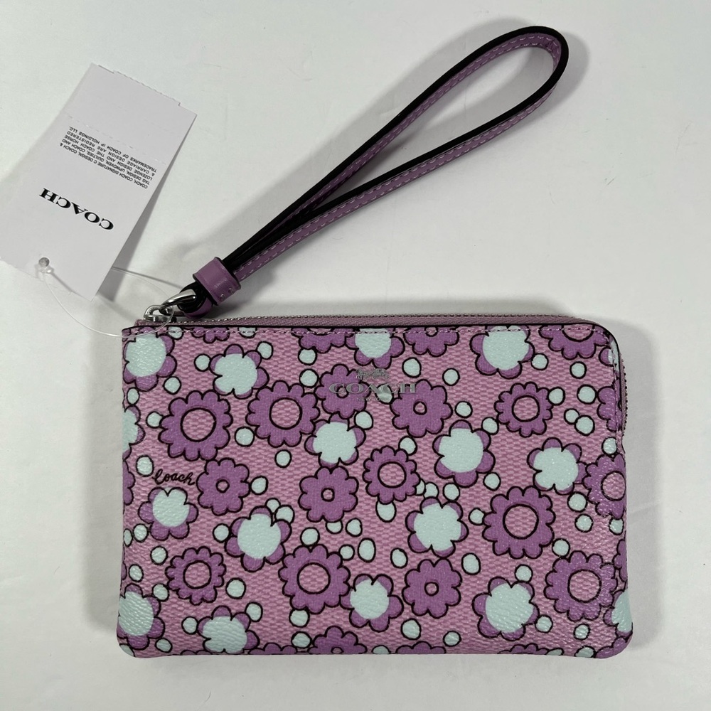Coach Corner Zip Wristlet in Floral Print Silver/Lily Multi Coated Canvas NWT